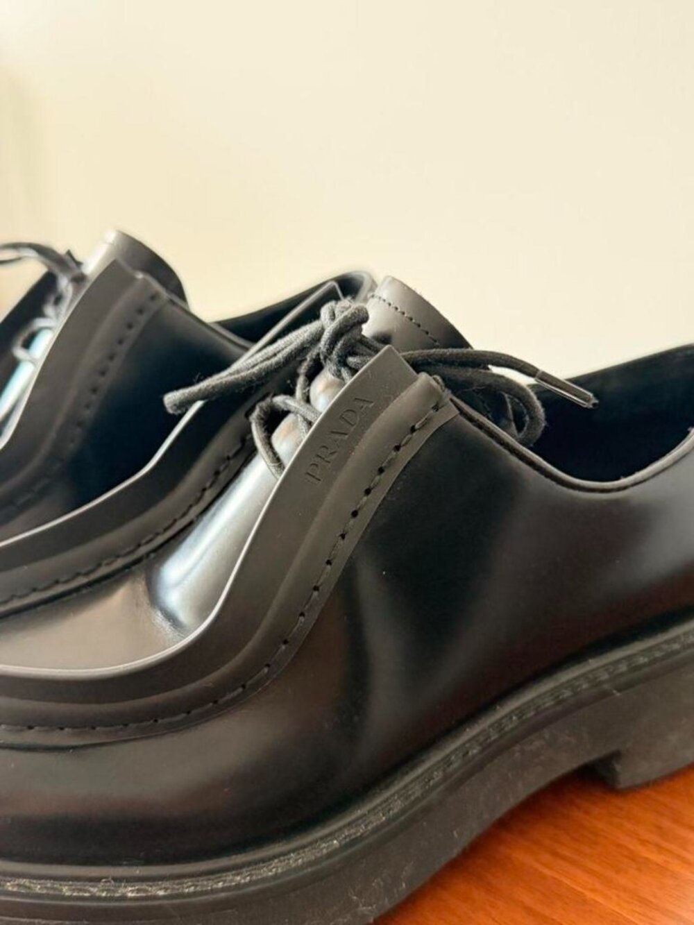Prada Diapason Black Opaque Brushed Leather Lace-Up Shoes - Picture 3 of 6
